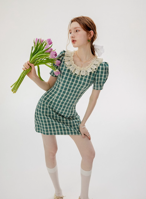 French style green plaid dress summer retro short skirt R2764