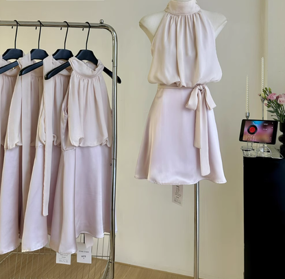 Gentle acetate satin rayon splicing commuter halter dress R2080