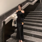 Hepburn style French black dress high-end niche temperament heavy work halter neck dress R1782