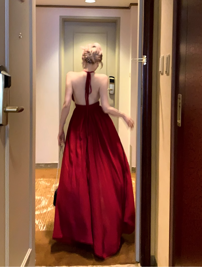 Fairy lace halter neck red dress holiday beach dress deep v backless slit long dress R1740