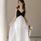 French black and white stitching suspender backless dress pleated skirt ruffled fairy long skirt R1591