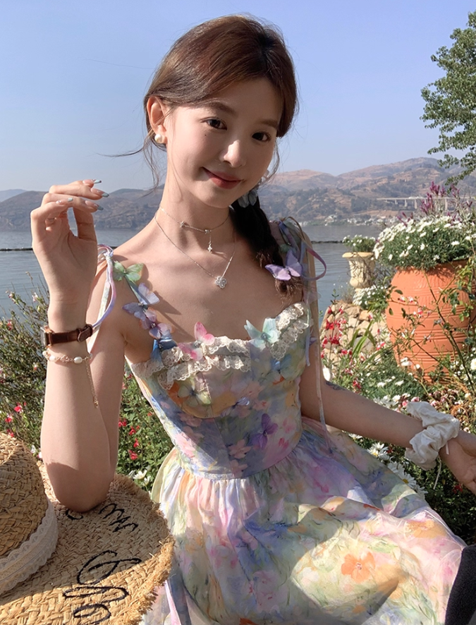 Long waist A-line suspender dress summer French retro temperament high-end skirt R4662