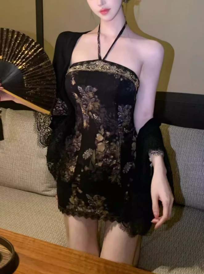 Retro New Chinese Style Floral Halter Neck Dress 2025 Lace Cardigan Set R1390