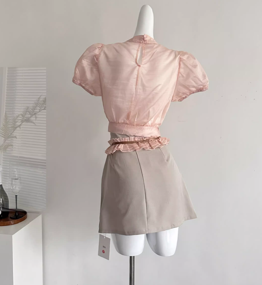 Lantern Sleeve Top Satin Orchid Tulle Asymmetric Skirt R2035