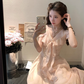Pink long v-neck waist short-sleeved chiffon dress summer temperament embroidered A-line skirt R4576