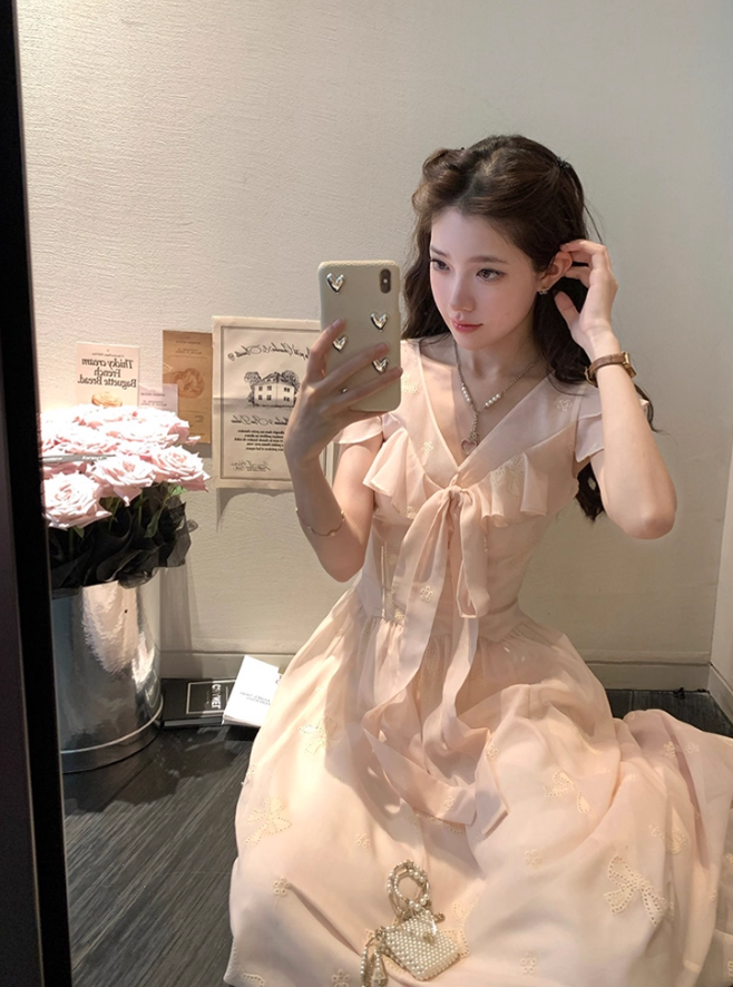 Pink long v-neck waist short-sleeved chiffon dress summer temperament embroidered A-line skirt R4576