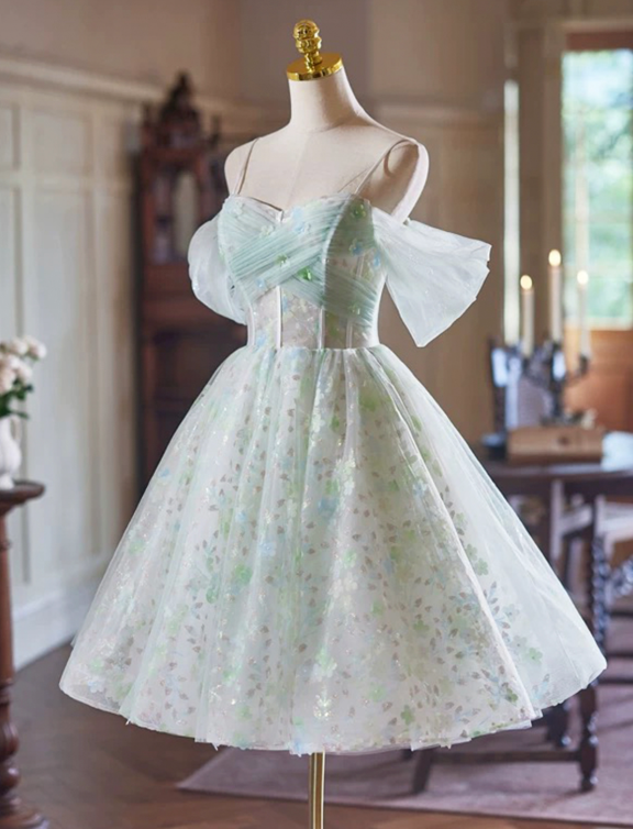 Lovely Mint Green Floral Homecoming Dress ,A-Line Spaghetti Straps Tulle Corset Short Prom Dress RS813