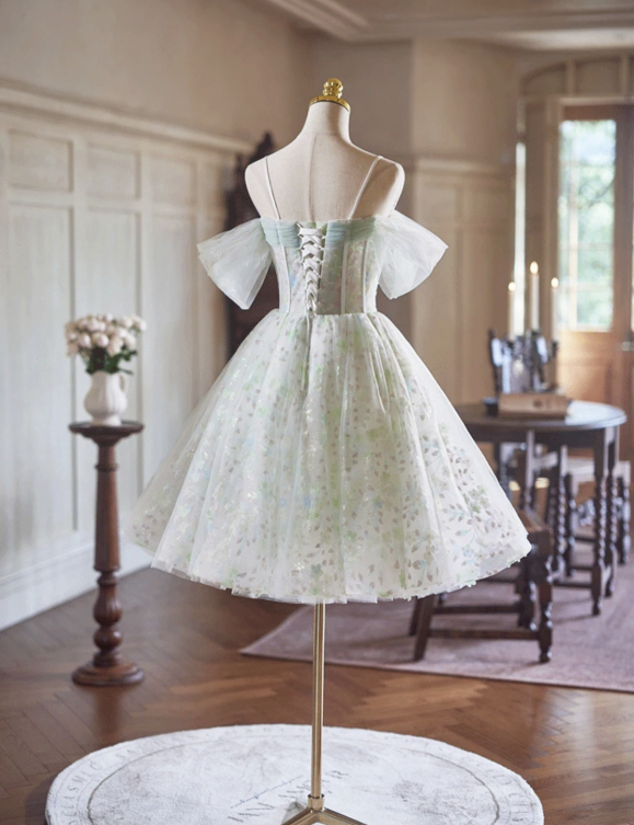 Lovely Mint Green Floral Homecoming Dress ,A-Line Spaghetti Straps Tulle Corset Short Prom Dress RS813