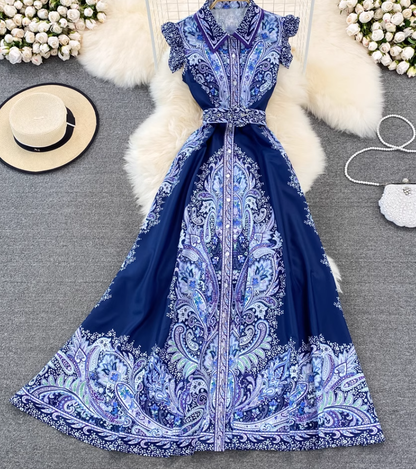 Retro palace style goddess style single-breasted lapel print dress elegant A-line long skirt R0361