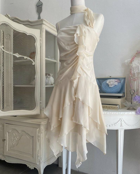 Flowy Ivory Ruffled Homecoming Dress ,A-Line Spaghetti Straps Corset Summer Dress Cami Dress RS1069