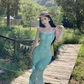 Beautiful step by step lotus fishtail dress sexy temperament holiday show figure suspender skirt R1568