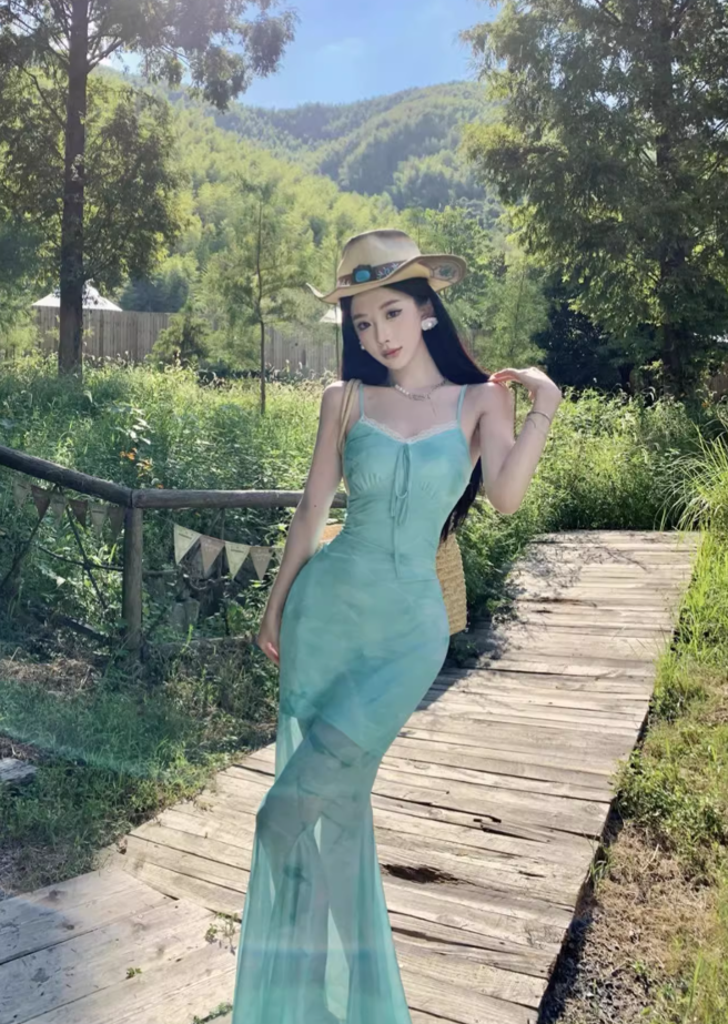 Beautiful step by step lotus fishtail dress sexy temperament holiday show figure suspender skirt R1568