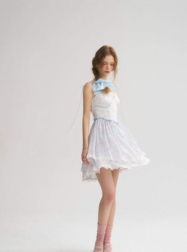 French blue skirt sweet floral suspender skirt holiday style ear-shaped short dress for women R3522