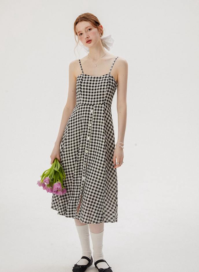 French retro plaid suspender dress niche design skirt women summer R3562