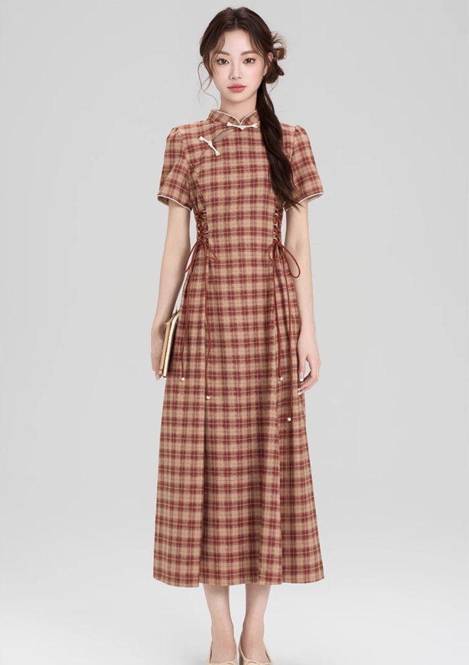 New Chinese style cheongsam dress new slim retro plaid long skirt R2407