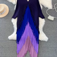 Temperament Sanyake pleated long-sleeved V-neck backless loose tassel gradient color irregular dress R0402