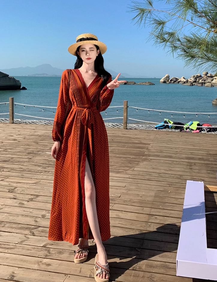 Travel wear retro ethnic style one-piece dress long sleeve seaside holiday wrap dress R1626