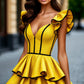 Yellow flying sleeves, slim waist, A-line cake skirt, short skirt, homecoming dress R3813