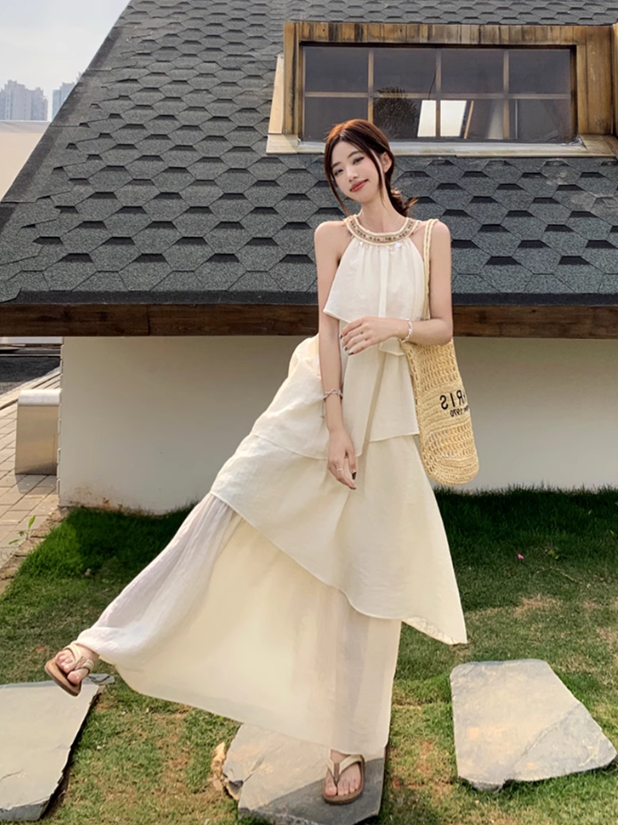 Fairy halter neck dress vacation outfit beach long dress irregular ruffle skirt R1721