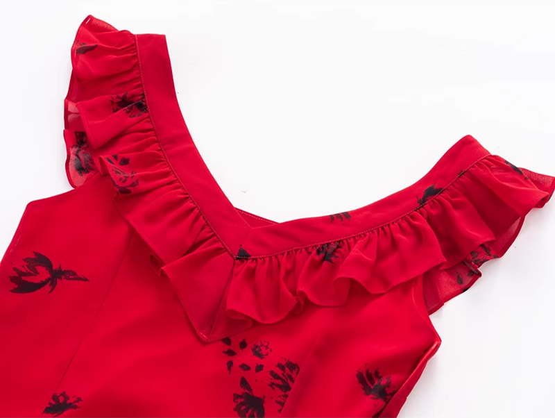 2025 Summer New Red Floral Pleated V-Neck Sleeveless Long Holiday Dress R0955