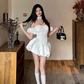 French one shoulder white strapless dress, summer dress, slim fit, waist cinching, fluffy short skirt, homecoming dress R2993