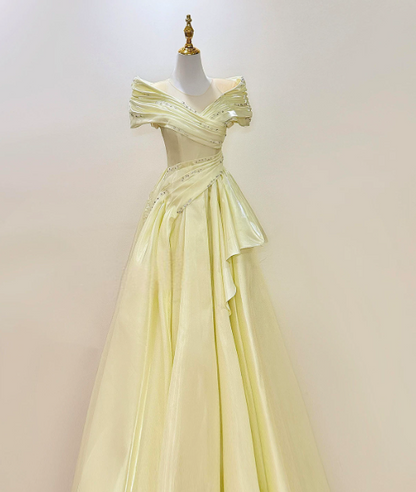Elegant Pastel Yellow Prom Dress ,A-Line Portrait Silky Beaded Evening Dress RS1075