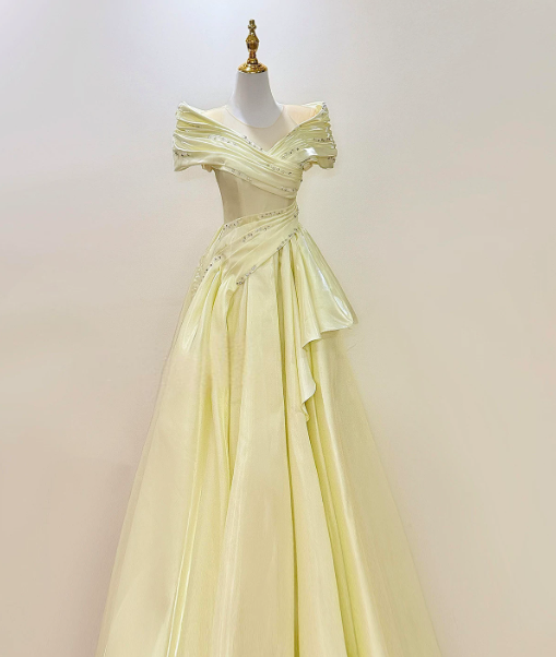 Elegant Pastel Yellow Prom Dress ,A-Line Portrait Silky Beaded Evening Dress RS1075