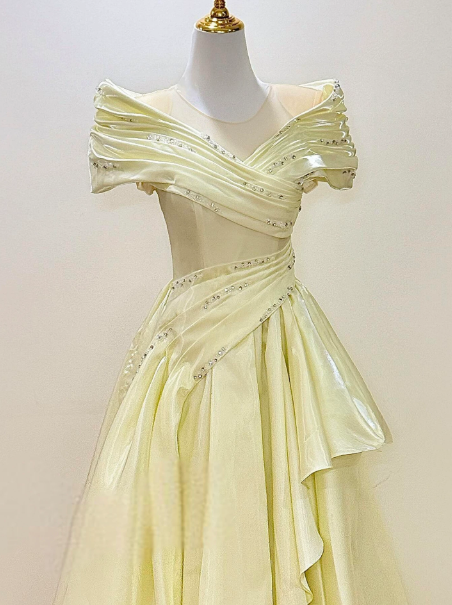 Elegant Pastel Yellow Prom Dress ,A-Line Portrait Silky Beaded Evening Dress RS1075
