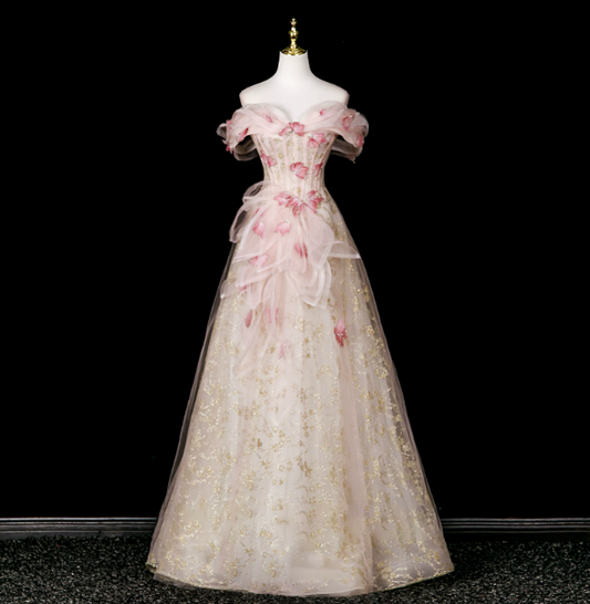Elegant Pink Prom Dress ,A-Line Off-the-shoulder Applique Bodycon Maxi Evening Dress RS1076