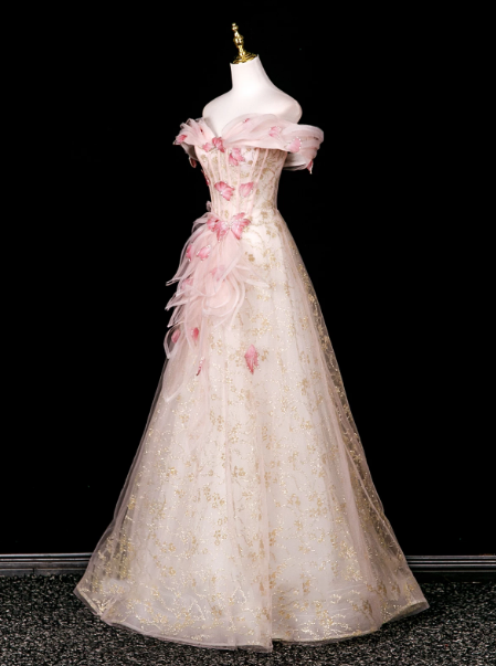 Elegant Pink Prom Dress ,A-Line Off-the-shoulder Applique Bodycon Maxi Evening Dress RS1076