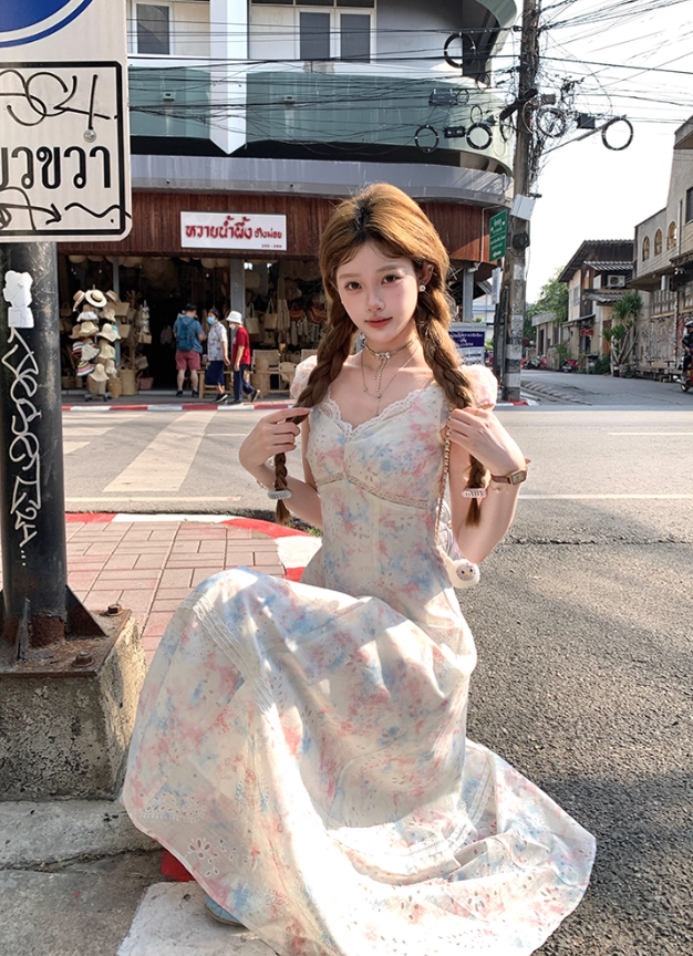 Gradient hollow embroidery waist dress women's summer French style slim fit skirt R4828