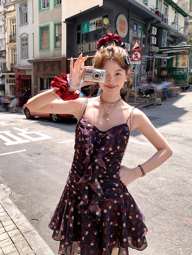 Ruffled Romantic Rose Suspender Dress French Retro Temperament Dress R4988