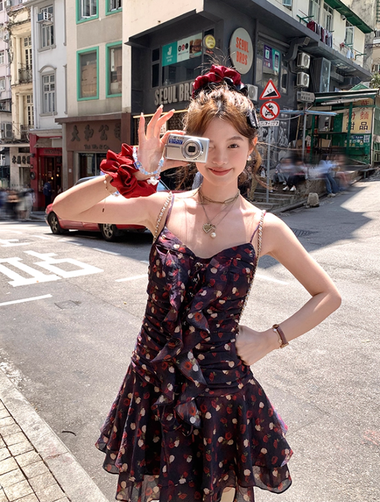 Ruffled Romantic Rose Suspender Dress French Retro Temperament Dress R4988