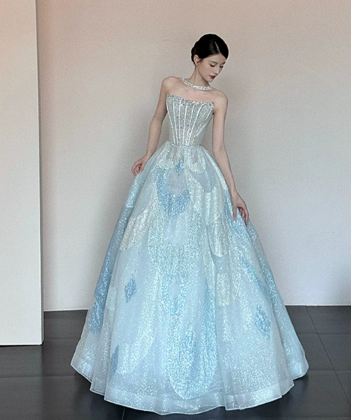 Glitter Pale Blue Prom Dress ,A-Line Strapless Sequins Bodycon Maxi Evening Dress RS1077