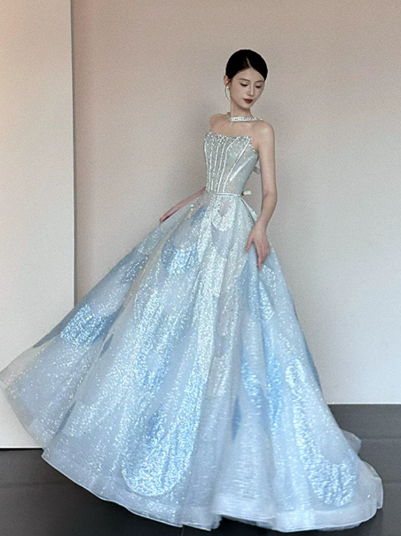 Glitter Pale Blue Prom Dress ,A-Line Strapless Sequins Bodycon Maxi Evening Dress RS1077