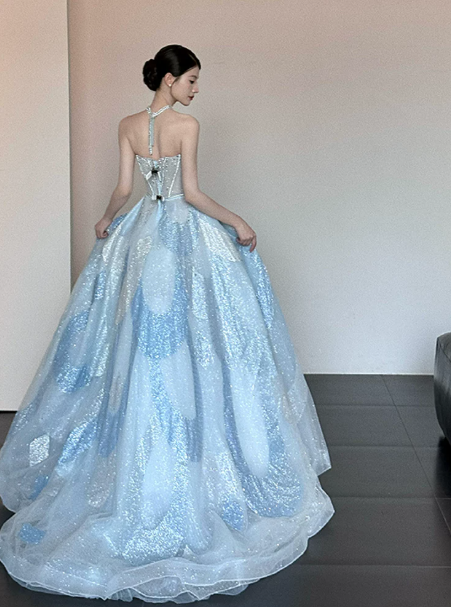 Glitter Pale Blue Prom Dress ,A-Line Strapless Sequins Bodycon Maxi Evening Dress RS1077
