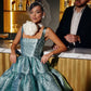 Dark green suspenders waist slim satin texture puffy skirt homecoming dress R3706