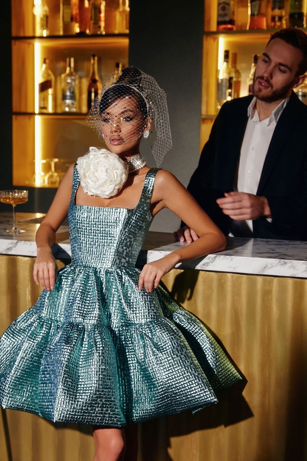 Dark green suspenders waist slim satin texture puffy skirt homecoming dress R3706