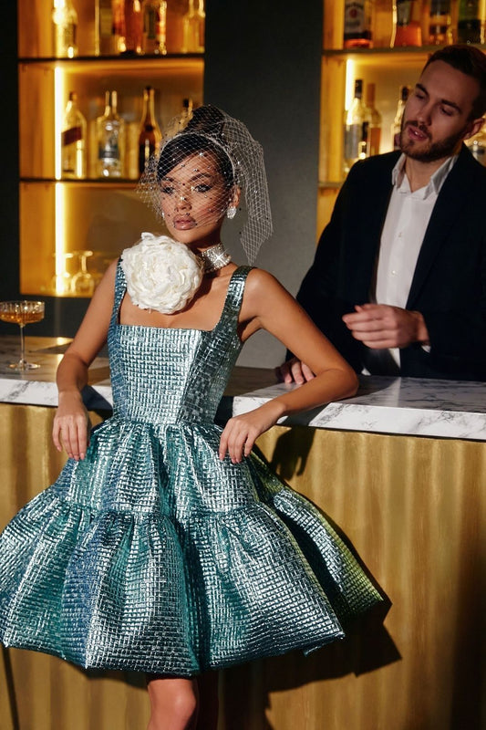 Dark green suspenders waist slim satin texture puffy skirt homecoming dress R3706