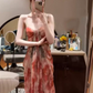 Holiday style dress niche style skirt v-neck floral suspender skirt summer R0699