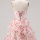 Gentle Blush Pink Floral Homecoming Dress ,A-Line Strapless Beaded Chiffon Corset Summer Dress RS1078