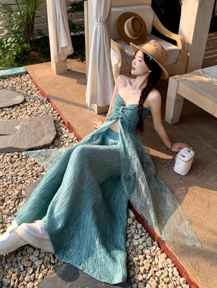 Fairy outfit: a halter neck tube top with small slings, mint green wide-leg pants, two-piece suit R1761