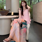 Fashion suit irregular pleats loose cover flesh thin sleeveless vest pleated printed skirt two-piece suit R1729