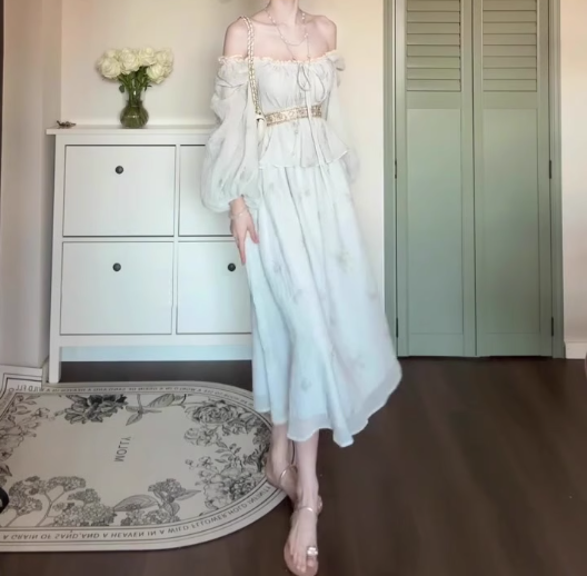 Gentle temperament blue one-shoulder dress beautiful waist A-line long skirt R0666