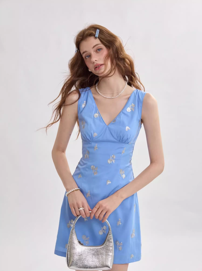 French suspender skirt blue short dress floral skirt R2750