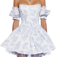 White background with blue floral waist tube top one shoulder sexy princess puffy skirt homecoming dress R2943