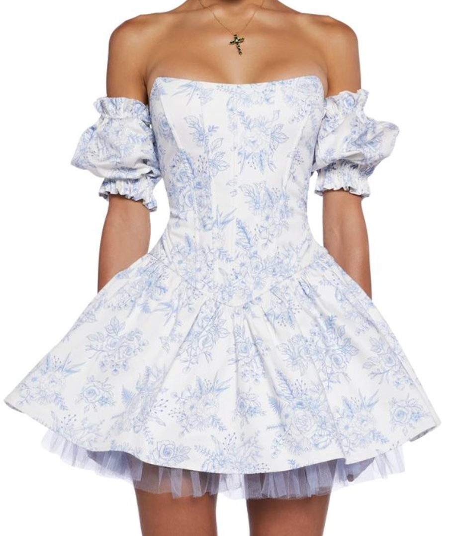 White background with blue floral waist tube top one shoulder sexy princess puffy skirt homecoming dress R2943