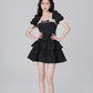 Retro jacquard French dress for women with square collar and lace trim, summer puff sleeves, black slim short skirt R4117