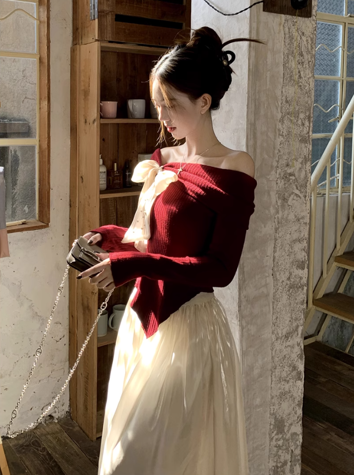 Fairy temperament high-end suit one-shoulder bow sweater with skirt two-piece suit R1725