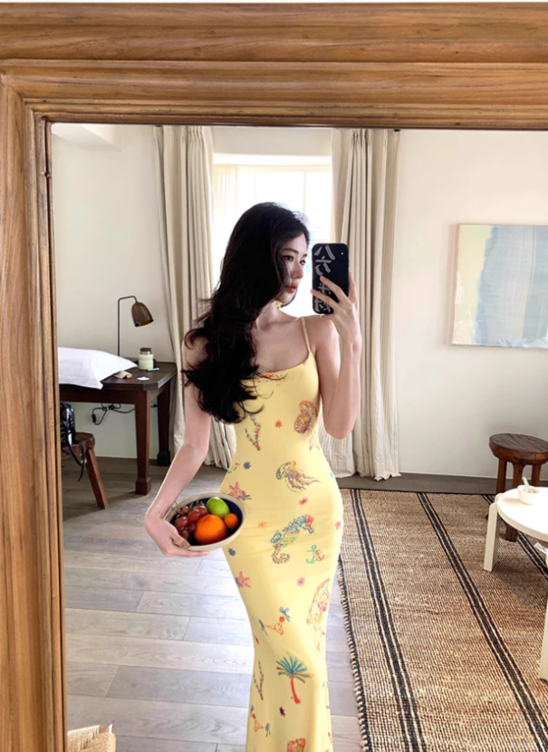 Yellow suspender dress 2025 sexy slim long skirt waist hip skirt R0582
